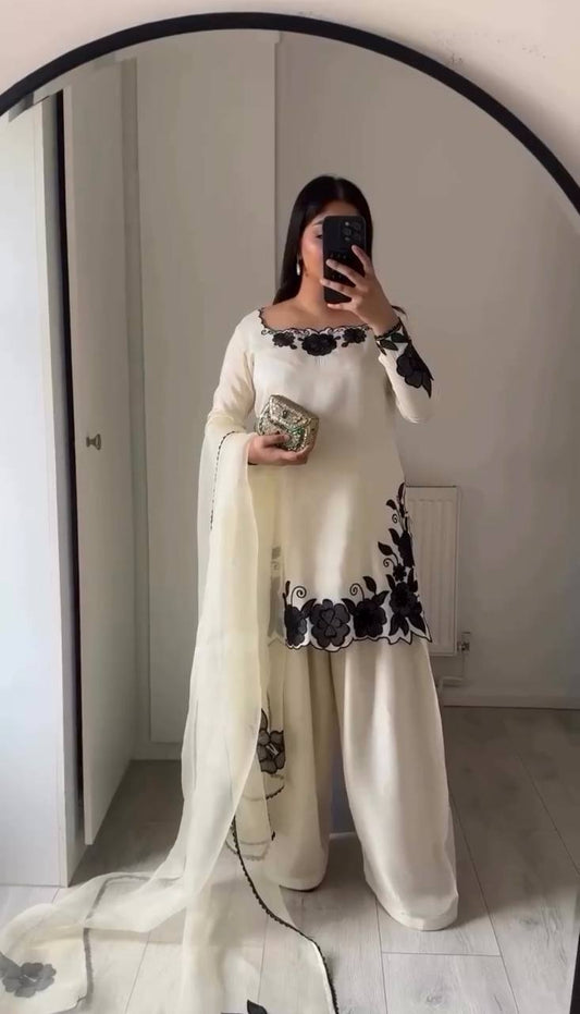 Elegant Women’s Ethnic Silk Ensemble with Embroidered Detailing and Ready-to-Wear Stitching