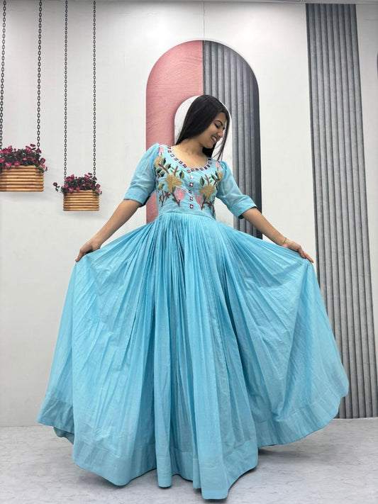 RangBhoomi Exclusive Trending Hand-Embroidered Mal Cotton Gown with Mirror Work, Fully Stitched, Sizes M to 2XL