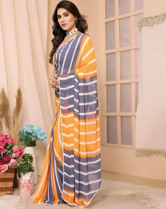 Stylish grey and orange striped saree with delicate beaded border detail.