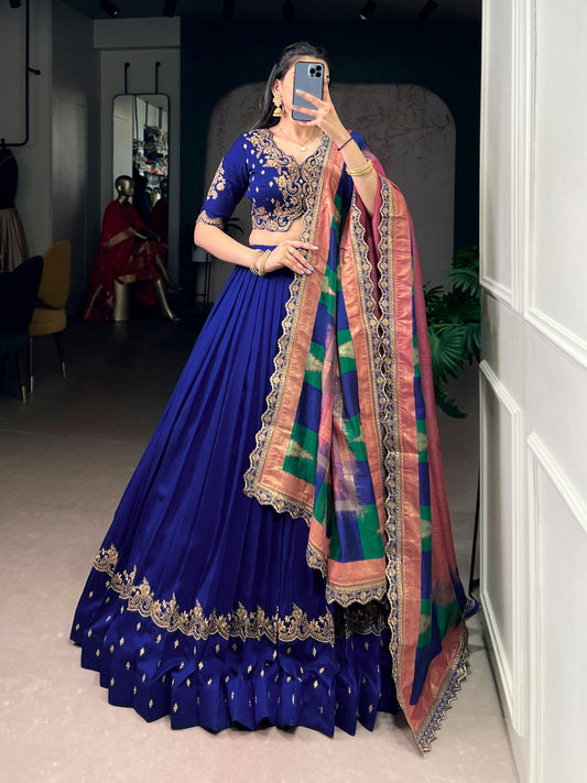 Elegant Vichitra Silk Lehenga Choli for Weddings and Festivals – Thread Embroidery & Sequins Detailing, Stitched Skirt and Unstitched Blouse, Includes Foil-Printed Dupatta with Lace Border
