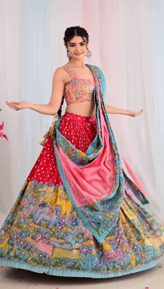 Full view of Kalamkari Lehenga Choli with hand-painted details.