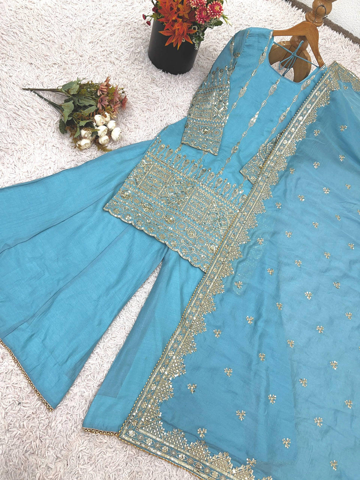 RangBhoomi Heavy Vichitra Silk Embroidered Top, Sharara & Dupatta Set