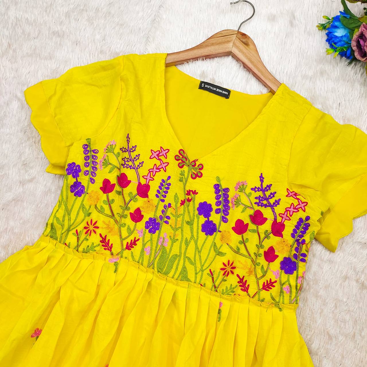Yellow Floral Embrace dress by Rangbhoomi, detail of the chain stitch embroidery on Maska cotton.