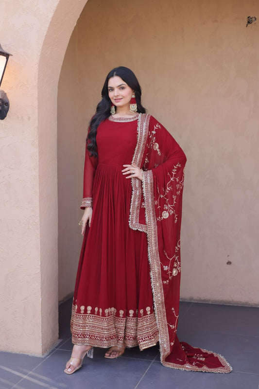 RangBhoomi Premium Maroon Embroidered Faux Blooming Ready‑Made Gown with Dupatta
