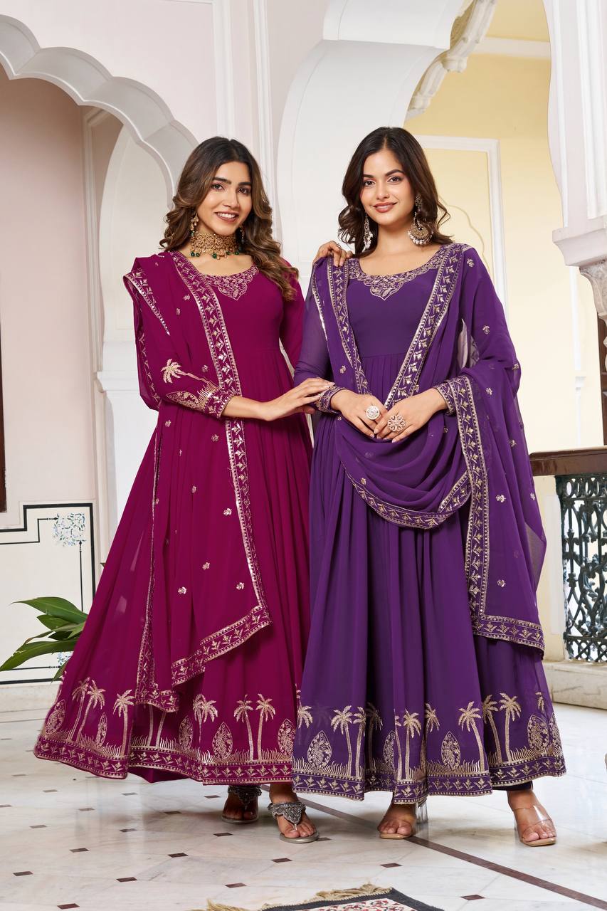RangBhoomi Elegant SP Series Gown Set with Realistic Modeling - Faux Georgette & Microfiber Fabric, Thread and Sequence Embroidery