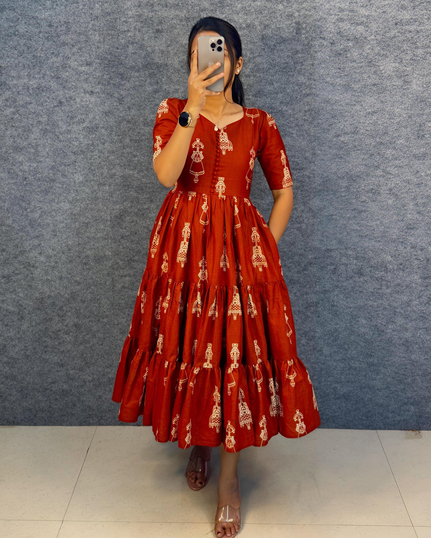 RangBhoomi Exclusive Hand-Block Printed Pure Cotton Warli Art Maxi Gown with Side Pocket
