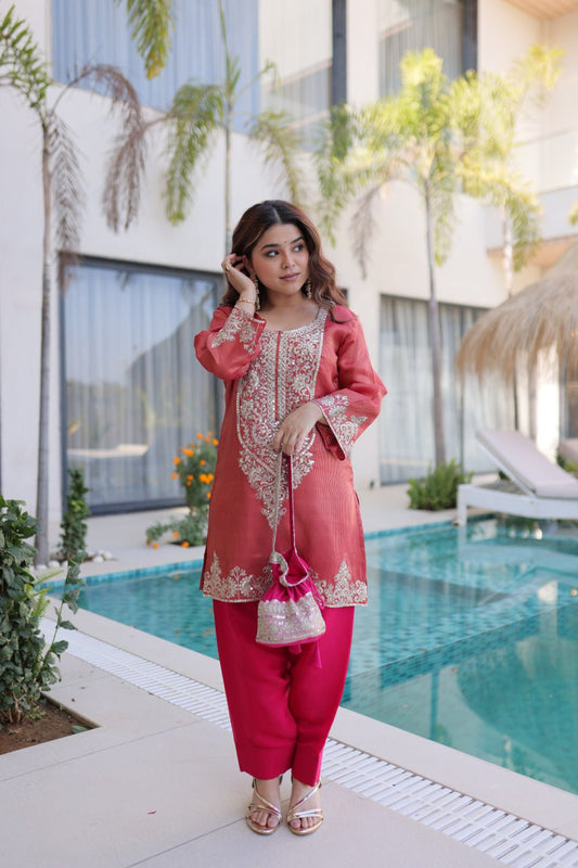 Ready-to-Wear Elegant Top with Matching Pants and Decorative Batwa Bag