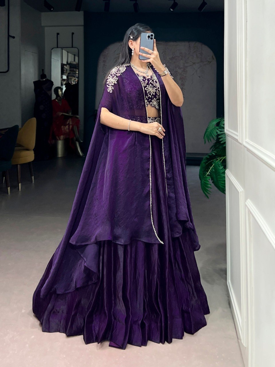 Elegant Cape-Style Lehenga Set in Fendi Silk with Beaded and Embroidered Details