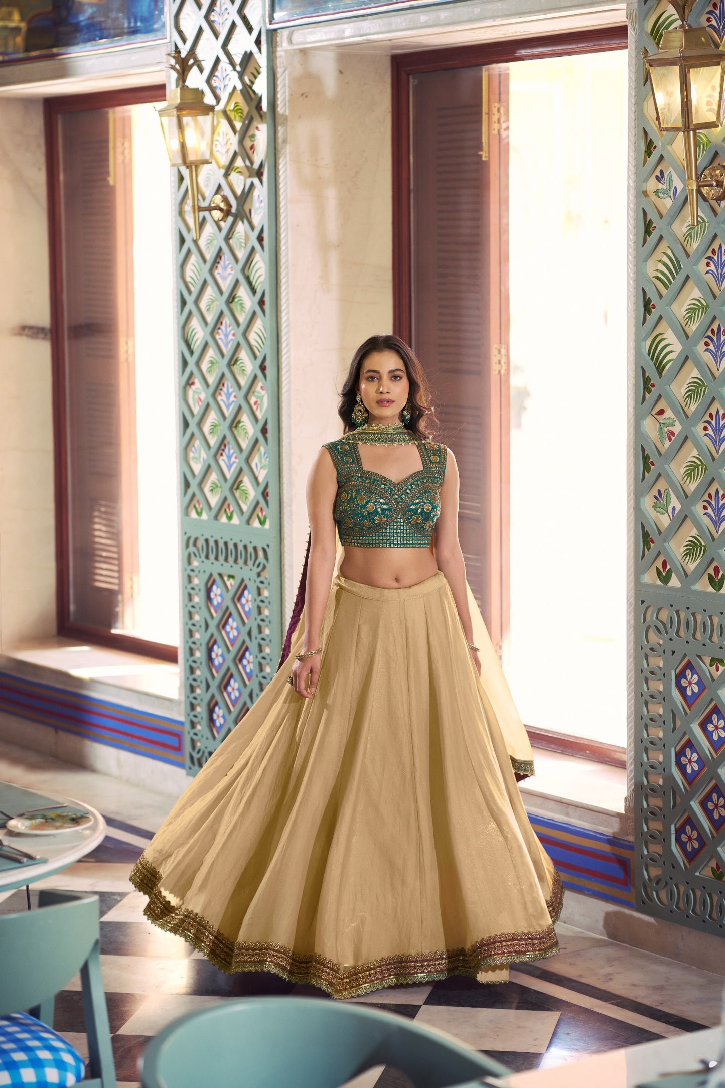 Zariya Muse Elegant Fendi Fabric Lehenga with Lace Accents and Embroidered Bengali Blouse