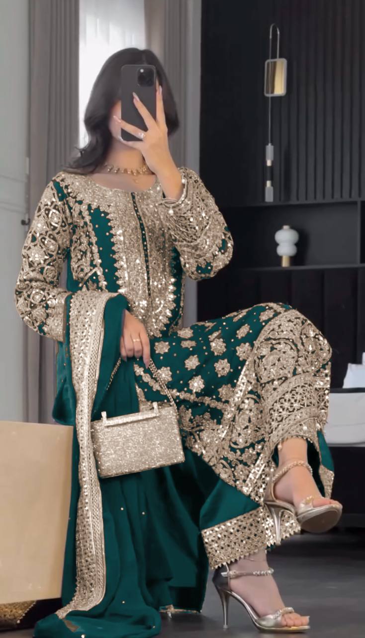 New Collection Faux Georgette Ensemble with Intricate Heavy Embroidery, Sequin Detailing, and Fully Stitched Ready-to-Wear Top, Bottom, and Dupatta Set