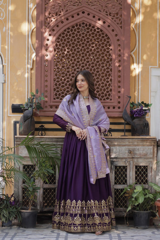 Full view of a designer purple gown with embroidered dupatta.