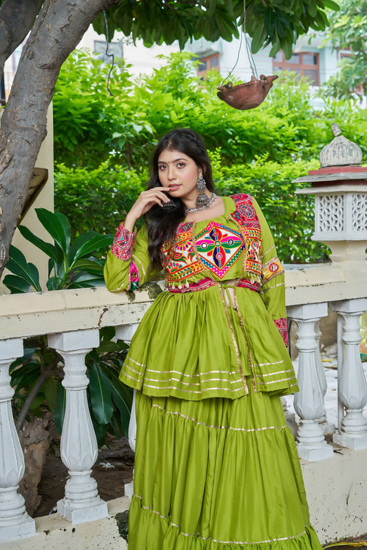 Navratri Special Gamthi Embroidery Lehenga Choli with Mirror and Ribbon Lace – Pure Cotton, Fully Stitched, 9 Meter Flair