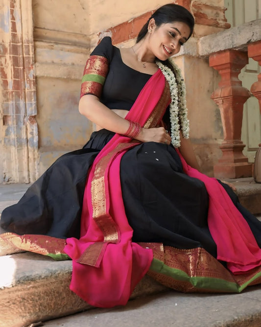RangBhoomi South Indian Kanjivaram Silk Lehenga Set with Georgette Dupatta and Zari Weaving