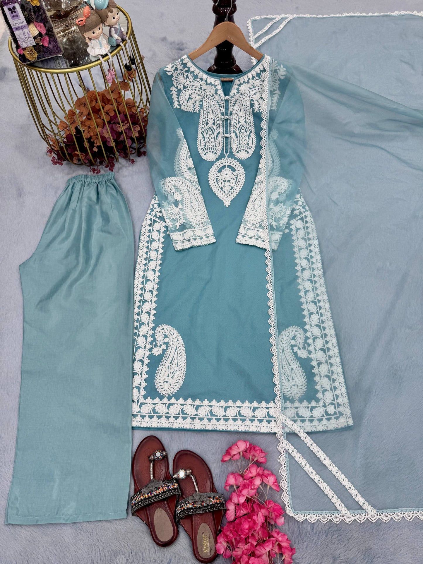 Elegant Designer Party Wear Set with Pure Soft Nylon Organza Silk Top, Palazzo Pants & Dupatta