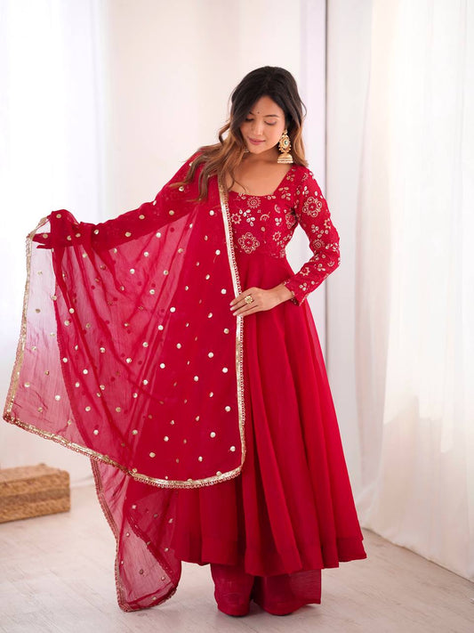 RangBhoomi Women's Elegant Ethnic Wear Set with Silk Gown, Pants, and Embroidered Dupatta