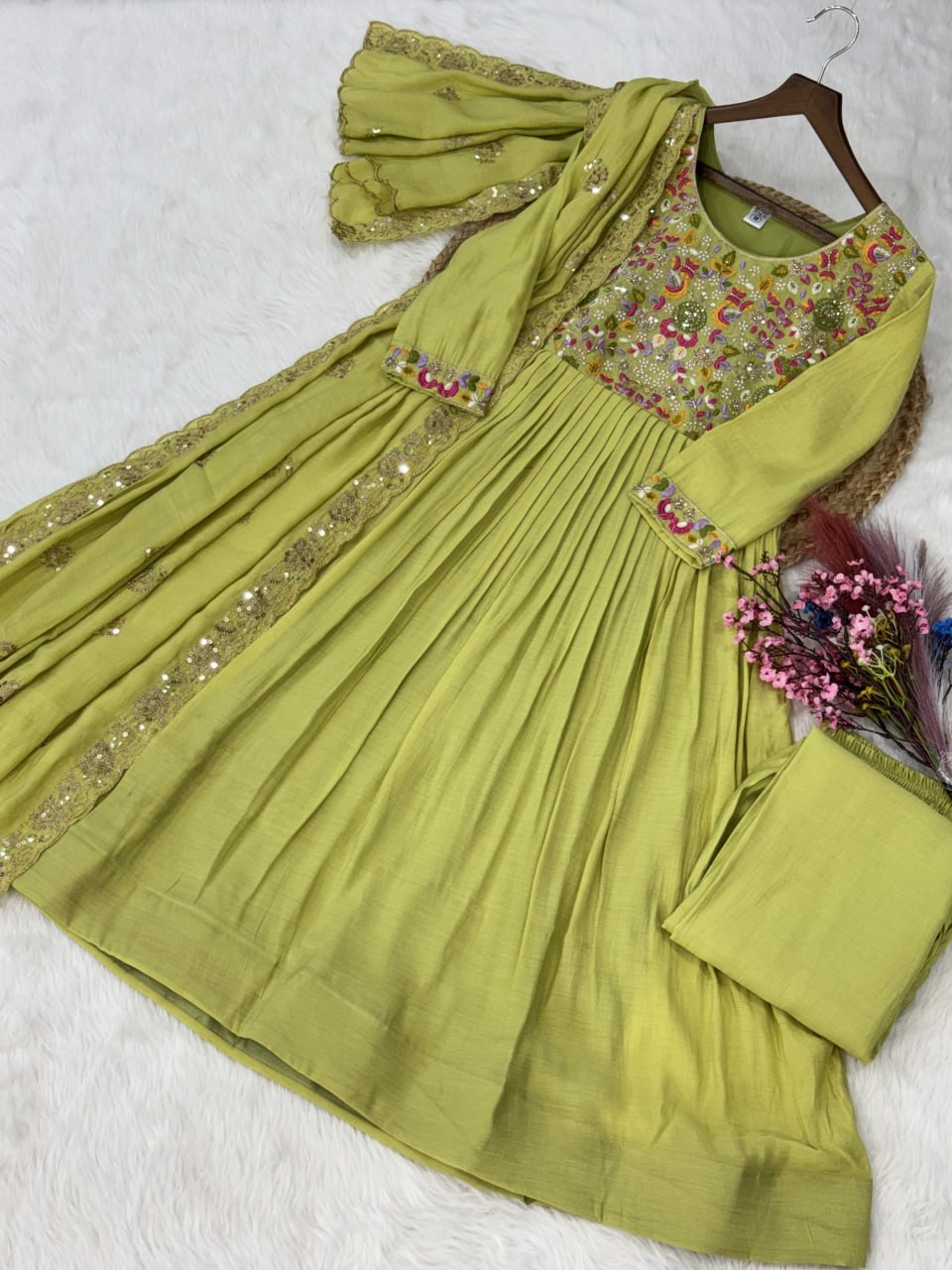 Elegant Premium Ready-to-Wear Gown Set with Pants and Dupatta - Beaded Mal Chanderi Embroidery