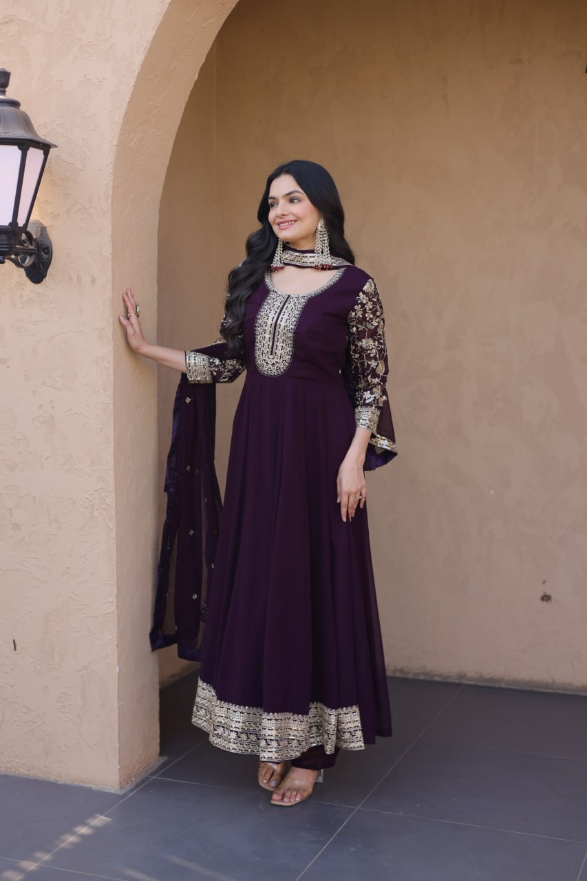 RangBhoomi Premium Readymade Gown Set with Pant & Dupatta - Faux Blooming Embroidered
