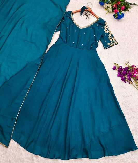 Teal Vichitra Silk Morpankh Anarkali dress with dupatta, displayed on white background.
