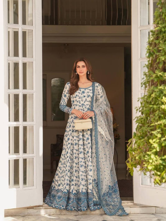 Elegant Party Wear Heavy Faux Georgette Gown with Organza Dupatta and Micro Cotton Bottom Set