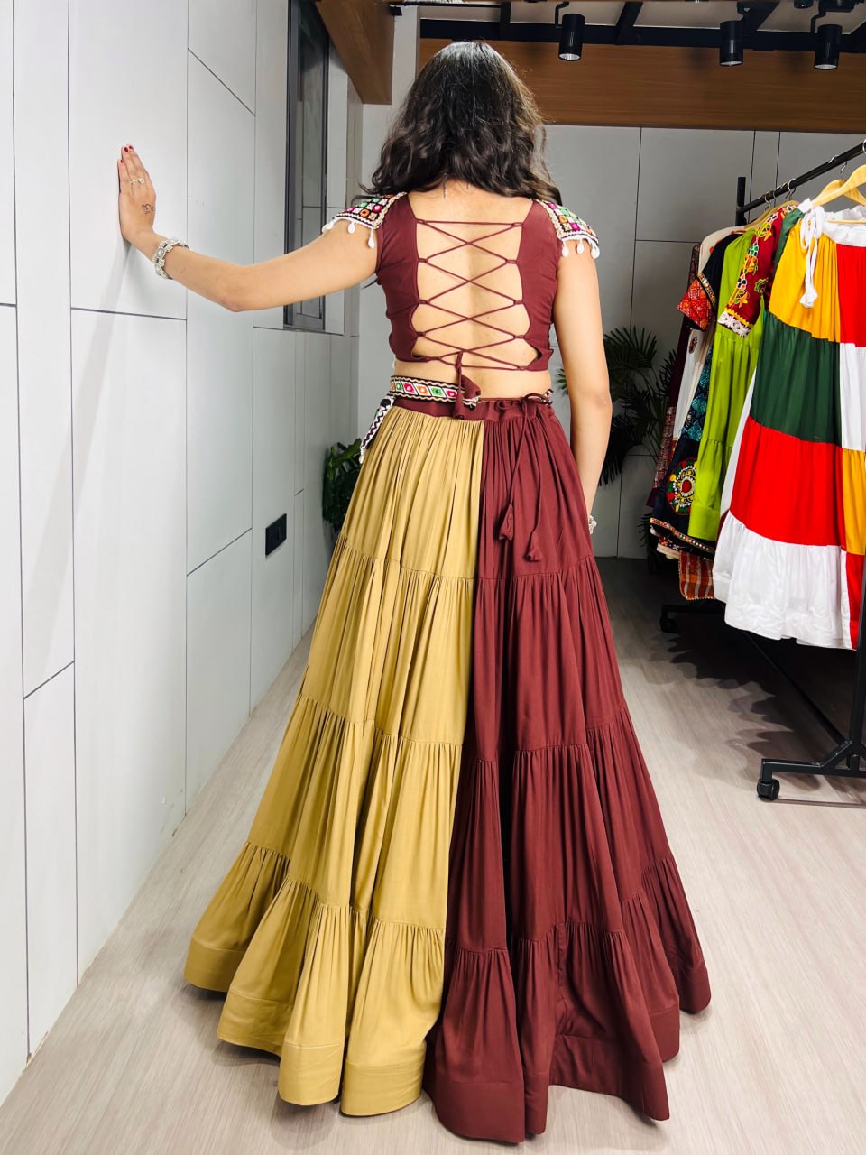 RangBhoomi Classic Chocolate Two-Tone Chaniya Choli — Mirror Work Lehenga Set