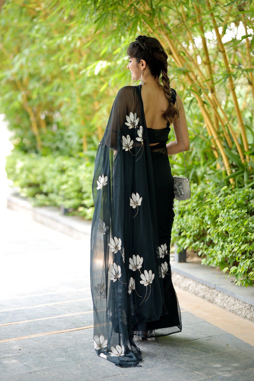 Black georgette saree, ready to wear, lightweight and easy to care for.