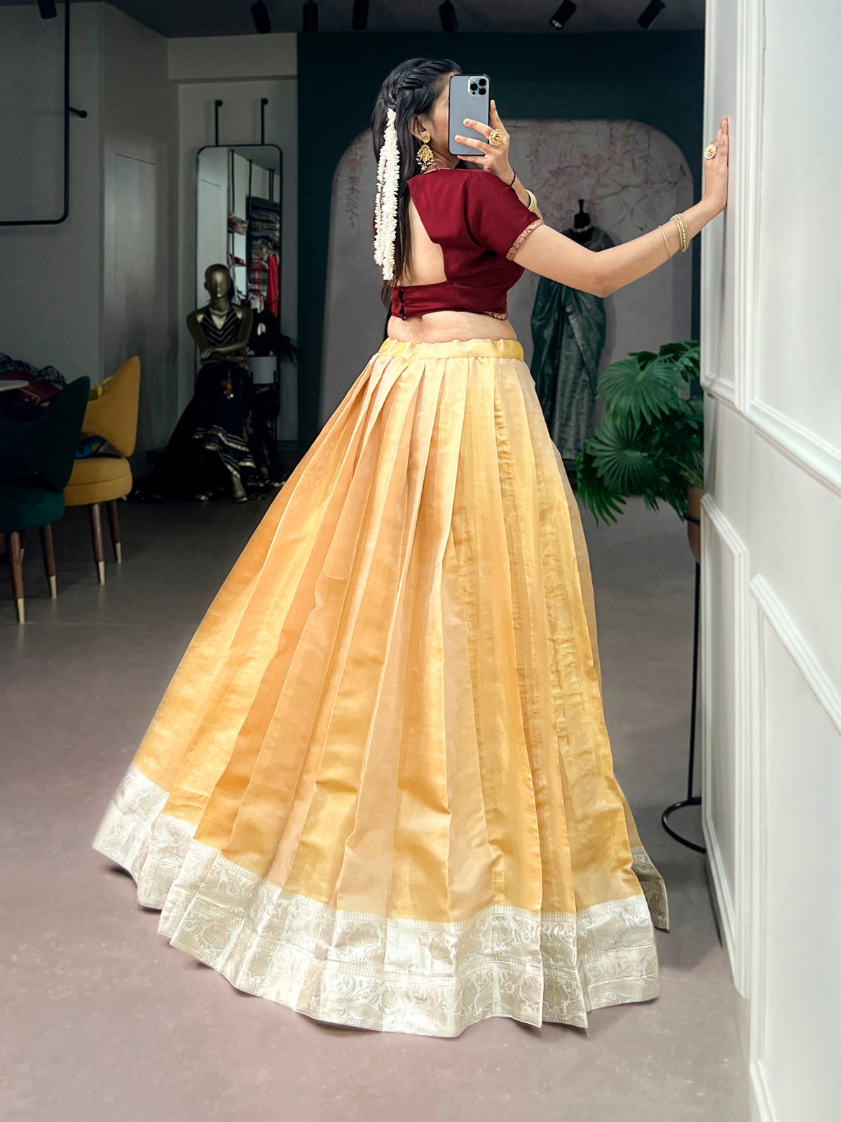RangBhoomi Onam Pavada Set — Kanchipuram Lehenga with Satin Silk Blouse