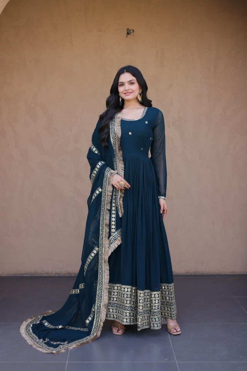 RangBhoomi Festive Faux Blooming Gown with Embroidered Dupatta - Rama & Maroon