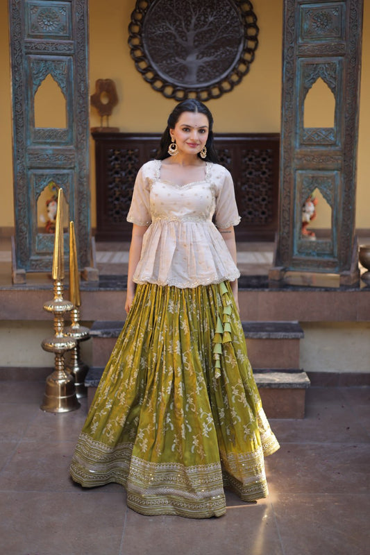 RangBhoomi Designer Dyeable Viscose Jacquard Lehenga Choli Set - Parrot & Wine