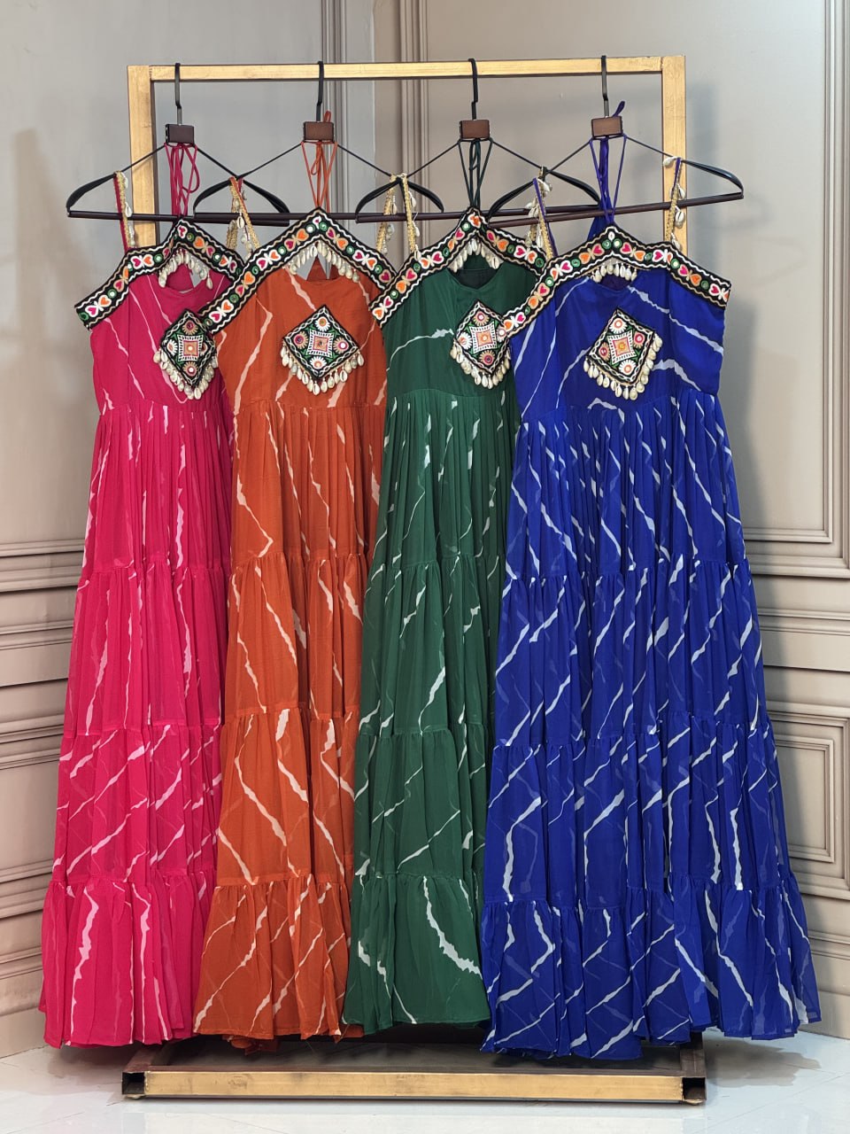 RangBhoomi Laheriya Faux Georgette Gown — Sleeveless 56" Length, 12m Flair (L, Adjustable)