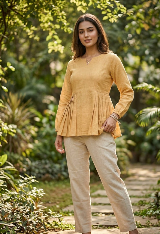 RangBhoomi Elegant Linen Cotton Top and Pant Set – Full-Sleeve Frill Stitch Top with Elastic Waist Pants in Parrot, Peach, and Yellow