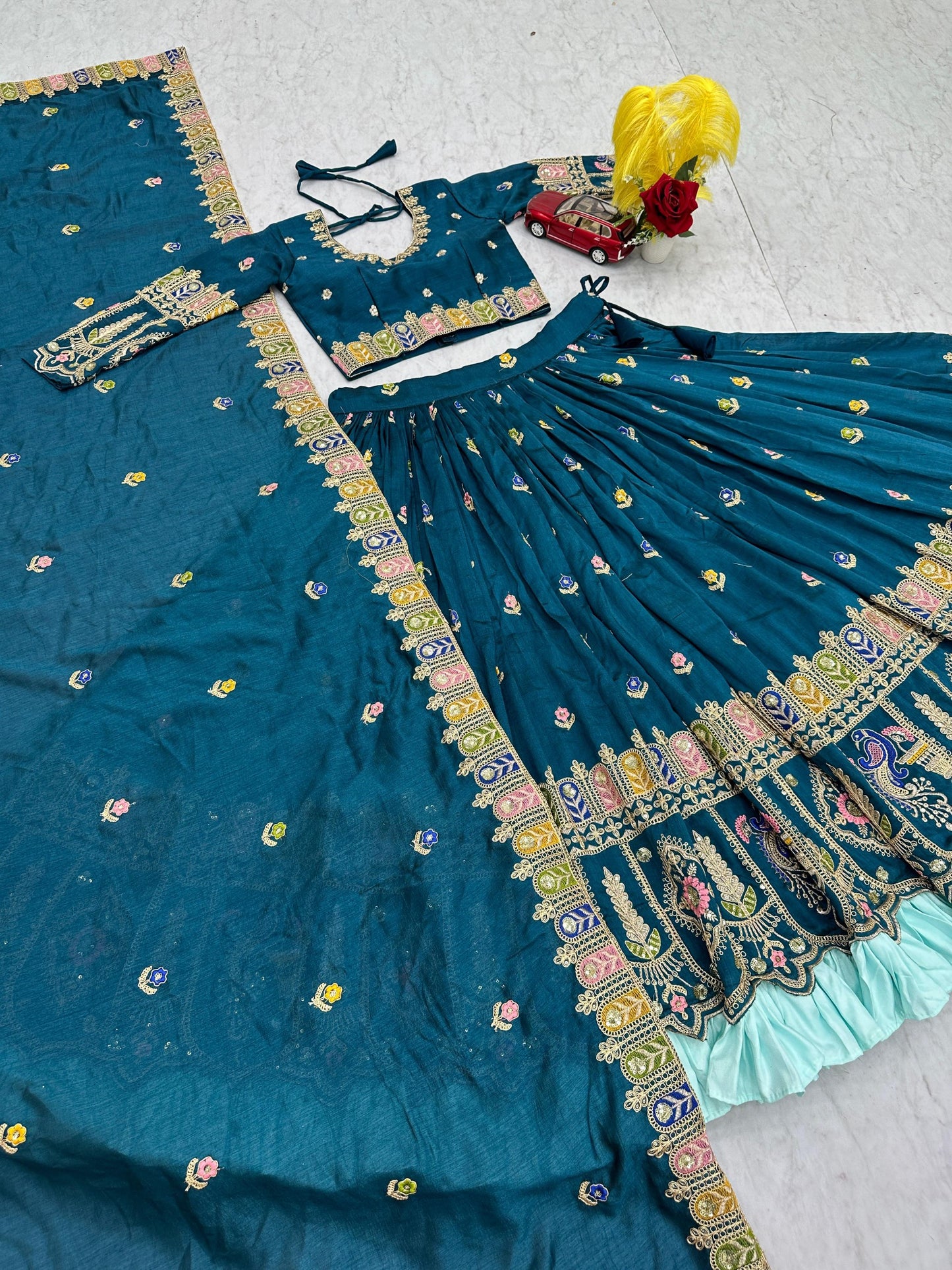 RangBhoomi Exquisite Festival Lehenga Choli Set with Heavy Embroidery and Pure Vichitra Fabric