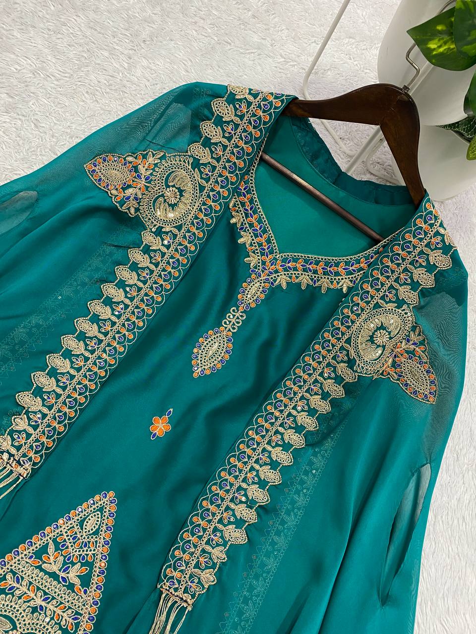 Wedding Season Exclusive: Elegant Designer Top with Corded Sequin Embroidery Paired with Palazzo Pants and Shrug Set by RangBhoomi