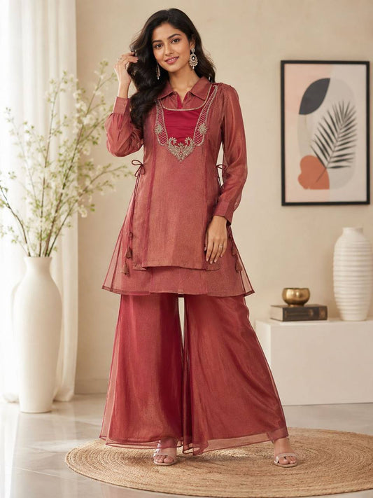 RangBhoomi Shimmer Pink Three-Piece Festive Coord Set