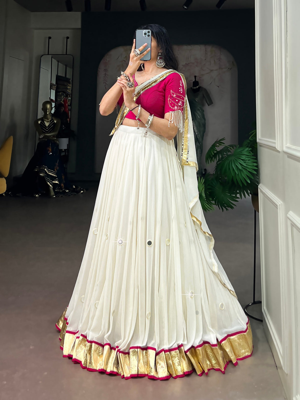 RangBhoomi Navratri Special Embellished Lehenga Choli with Mirror Work and Tassels