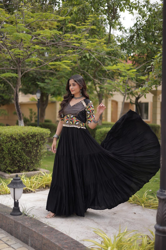 RangBhoomi Navratri Gown 2026 — Rust & Black Embroidered Multi-Tiered Festive Gown