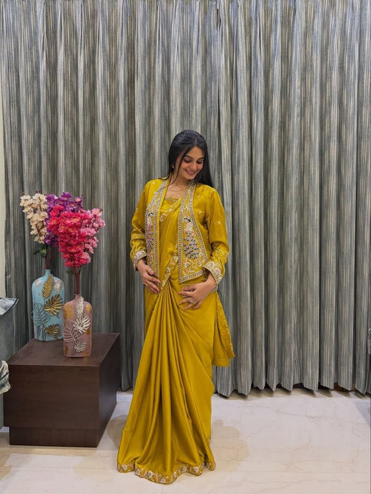 RangBhoomi Ready-to-Wear Embroidered Party Jacket and Saree Set in Elegant Red