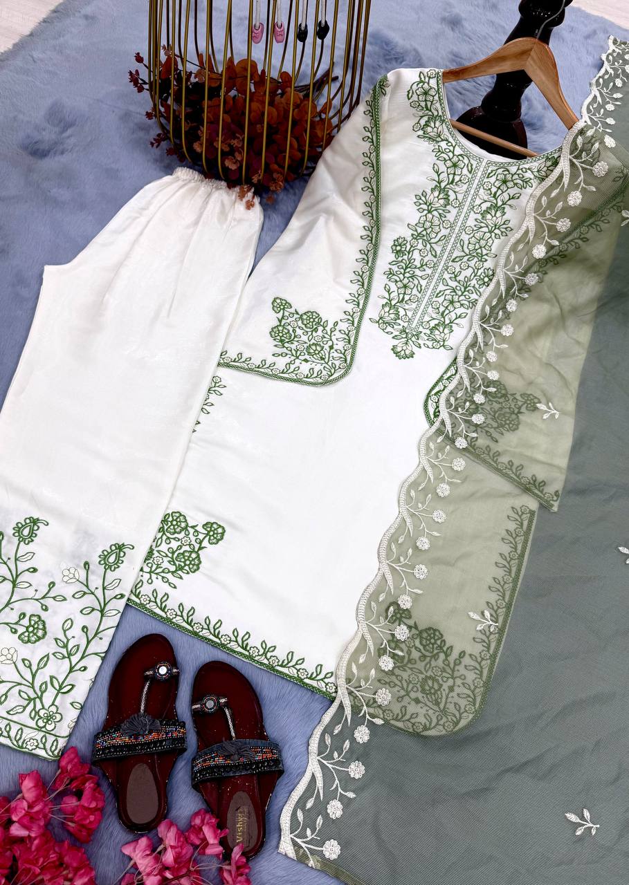 Elegant Party Wear Set Featuring Premium Roman Glass Embroidered Top with Fancy Bell Sleeves and Stylish Palazzo Pants with Dupatta