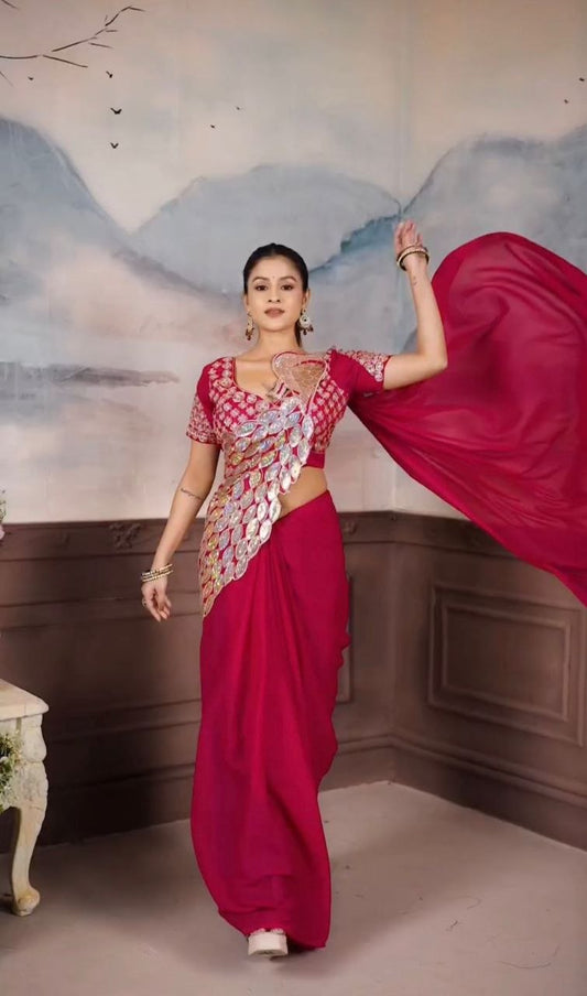 New Super Trending Ready-to-Wear Saree with Embroidered Sequence Work and Matching Embroidered Blouse