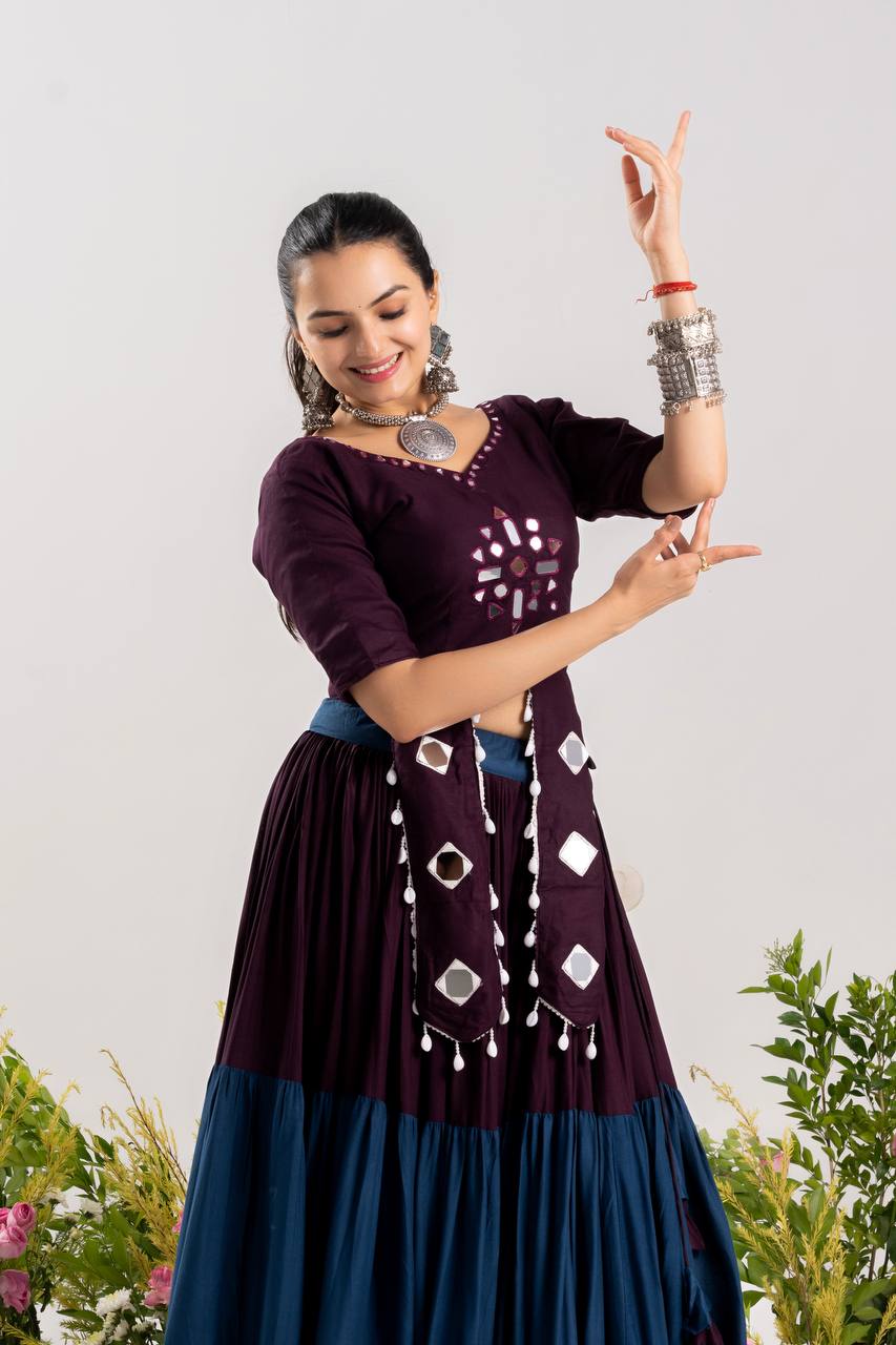 RangBhoomi Stunning Navratri Lehenga Choli with Real Mirror Work - Pure Rayon Cotton, Frill Lehenga & Kodi Lace Blouse