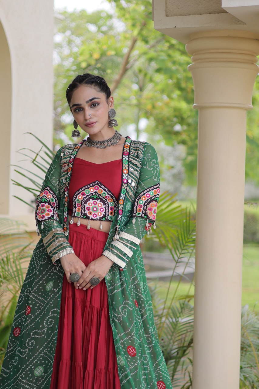 RangBhoomi Navratri 2026 Rayon Lehenga Set with Bandhani Shrug — Full-Stitched Festive Ensemble