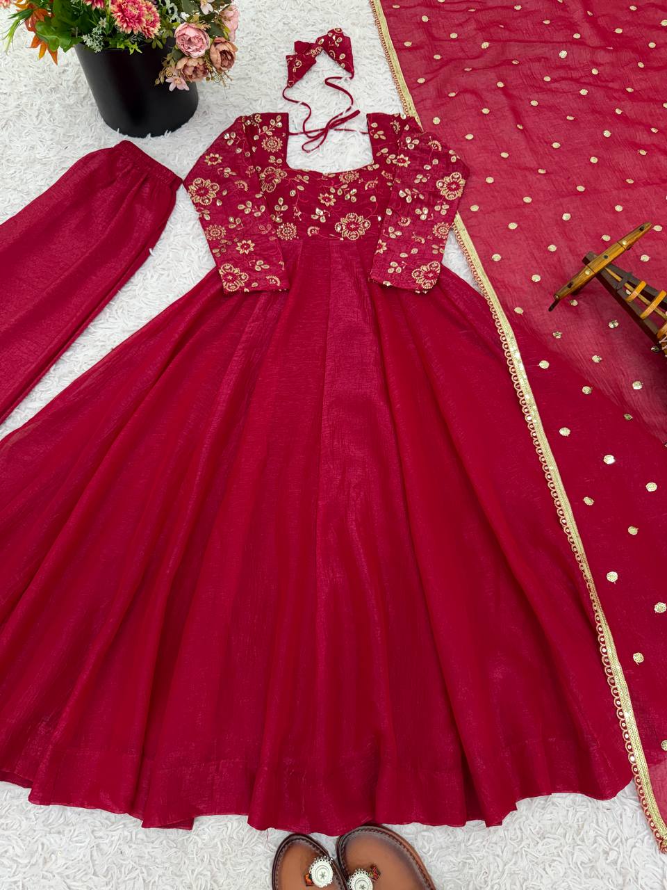 RangBhoomi Women's Elegant Ethnic Wear Set with Silk Gown, Pants, and Embroidered Dupatta