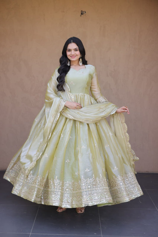 RangBhoomi Fendi Silk Sequined Gown with Dupatta – Elegant Full-Sleeve Designer Set