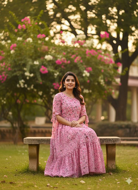 Model sitting on a bench wearing Rosy Retro Georgette Maxi Dress.