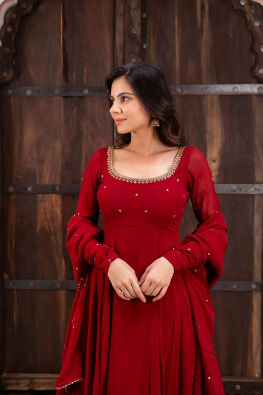 RangBhoomi EHSAAS Georgette Handwork Anarkali Suit Set — Flared Anarkali with Dupatta & Plazzo