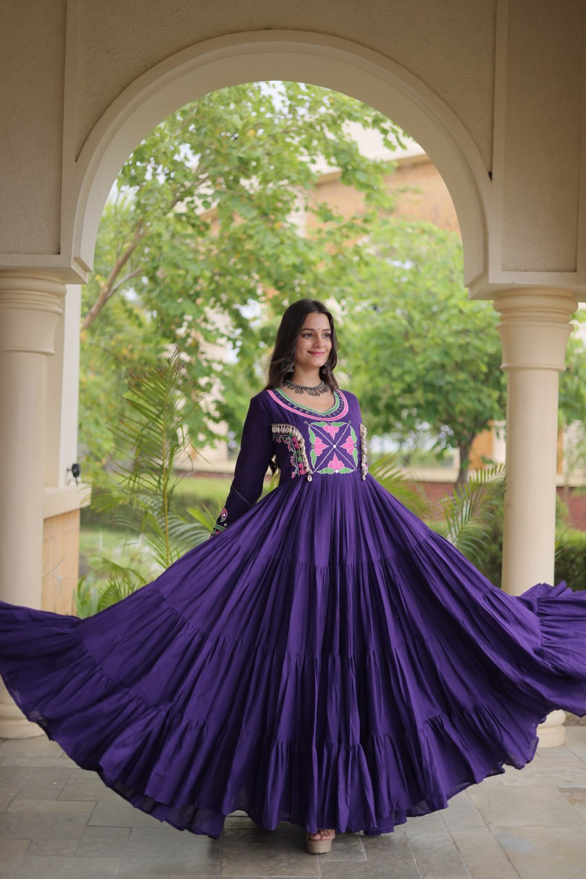 RangBhoomi Navratri Embroidered Kora Cotton Gown - Full Sleeve 54" Length (Rust, Purple)