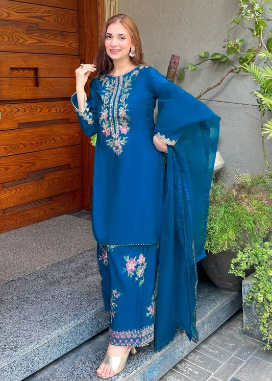 RangBhoomi Women's Premium Ethnic French Crepe Ensemble with Embroidered Thread Work, Full Sleeve Top, Farshi Pant, and GMY Silk Dupatta