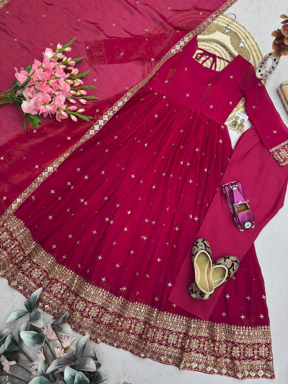 RangBhoomi Designer Party Wear Gown Set — Embroidered Heavy Fandy Silk with Dupatta & Pant