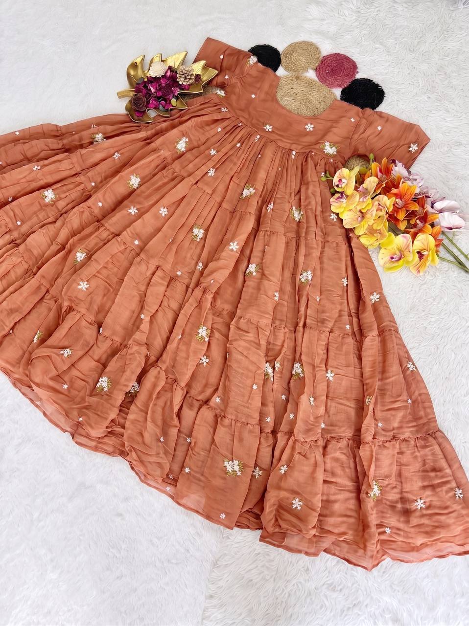 Elegant Floral Mull Cotton Chanderi Midi Gown for Summer – Embroidered, Fully Stitched, Available in Multiple Sizes