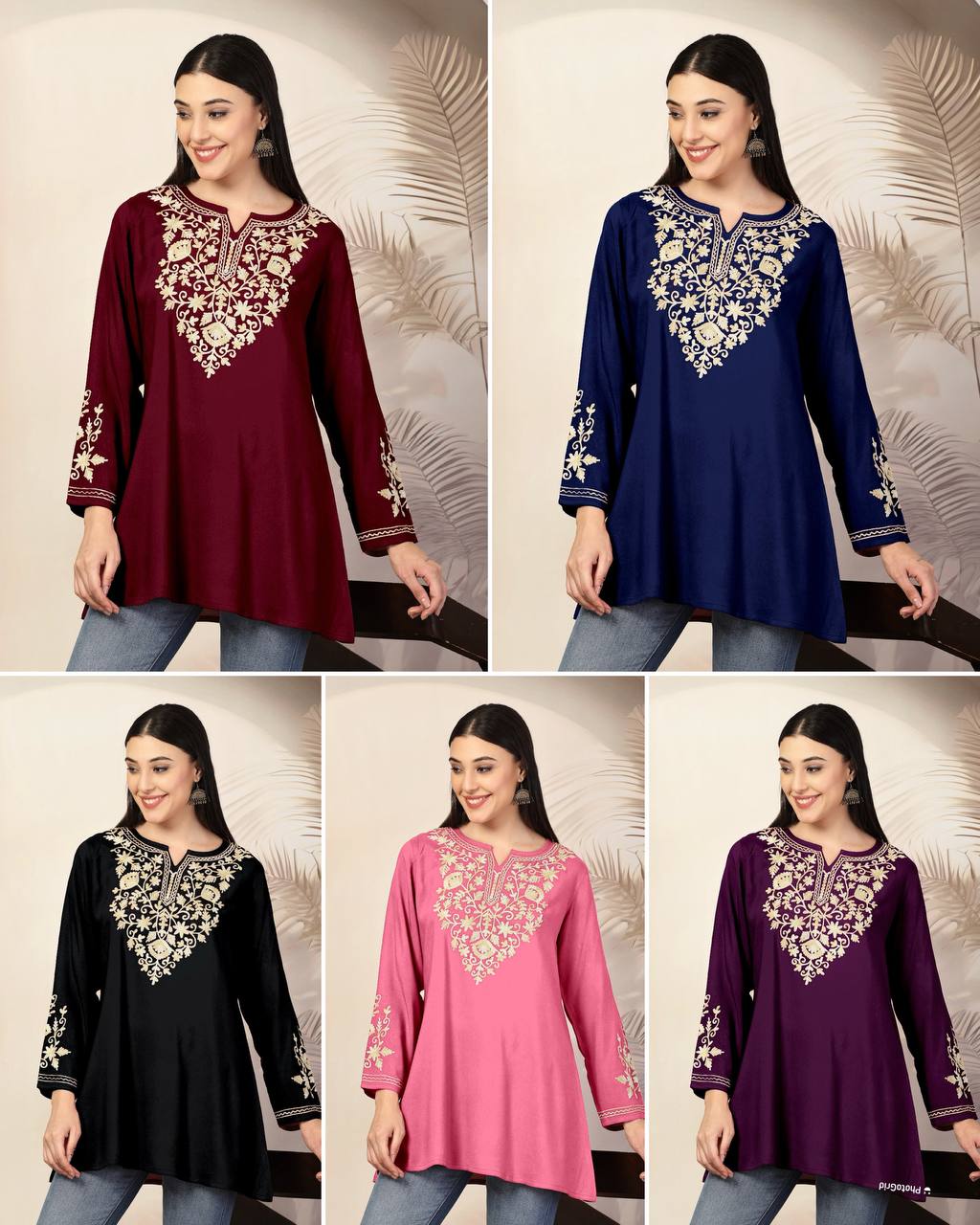 Adaa ShortKurti collage showing five colors—maroon, blue, black, pink, and purple—all with gold embroidery.