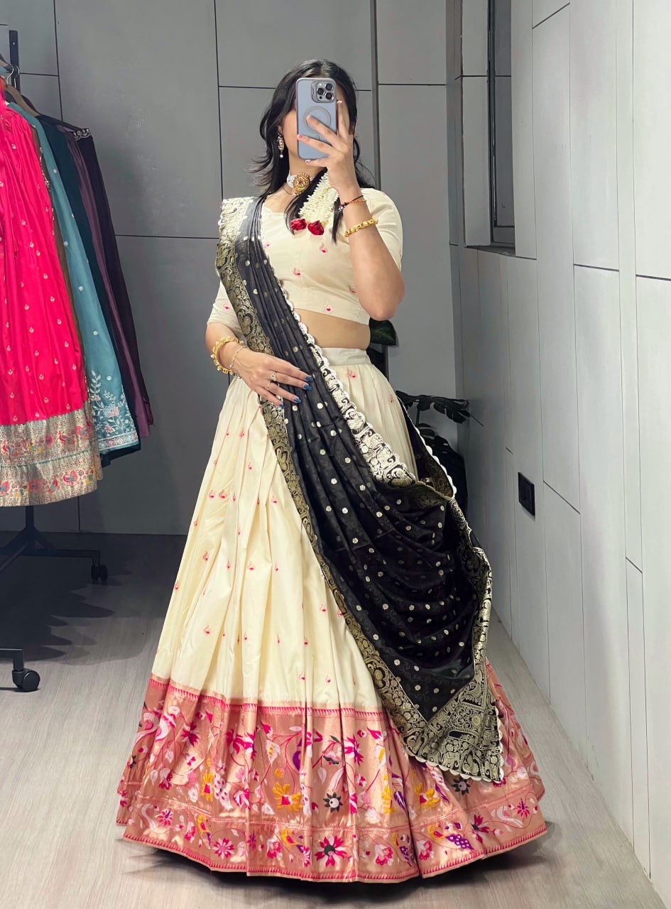 RangBhoomi Paithani Silk Lehenga Choli – Vibrant Traditional Maharashtrian Ethnic Wear with Gold Zari Detailing and Satin Silk Dupatta